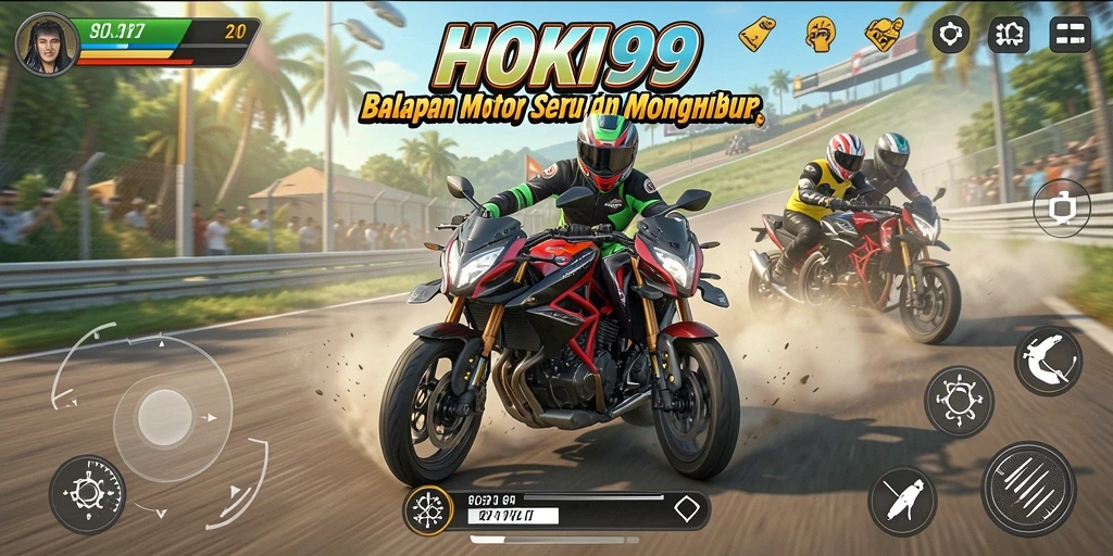 Tampilan gameplay HOKI99 yang menampilkan balapan motor yang seru dan mendebarkan.