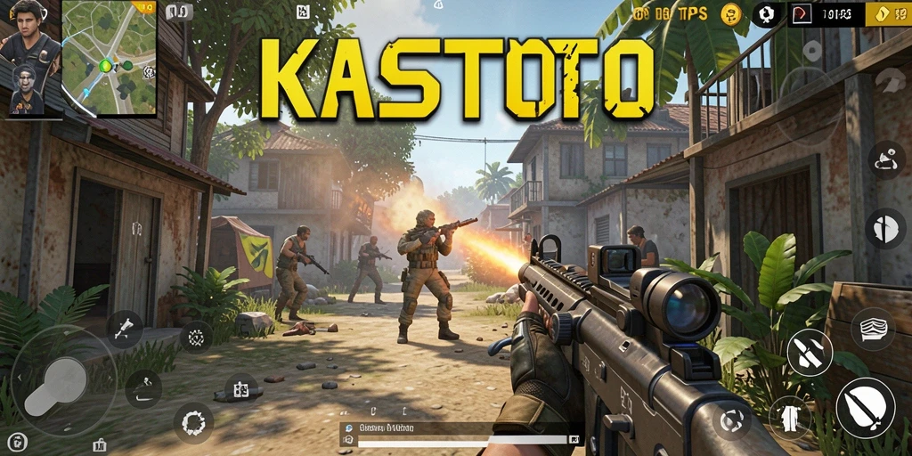 Screenshot gameplay KASTOTO yang menunjukkan aksi tembak-menembak yang intens.