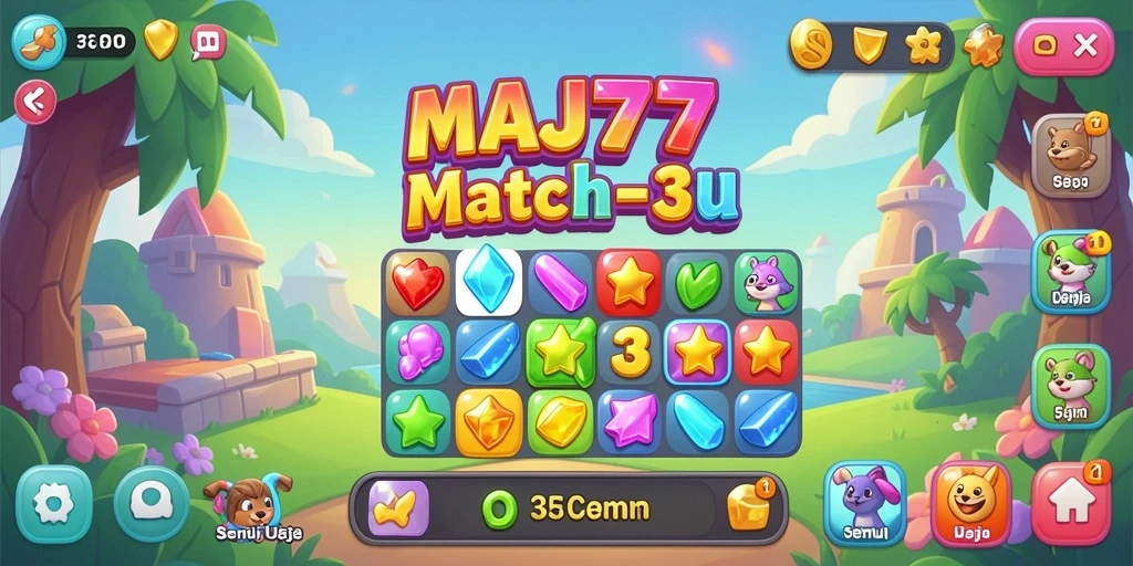 Tangkapan layar menampilkan gameplay Match-3 yang seru dan penuh warna.