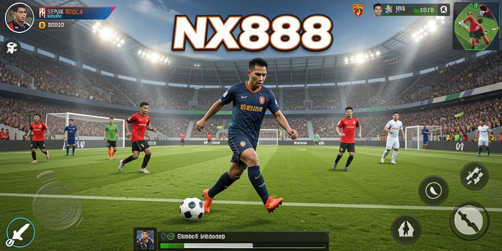 Tampilan gameplay NX888 yang menegangkan dengan aksi sepak bola nyata.