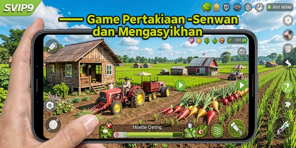 Screenshot gameplay SVIP9 menampilkan ladang yang subur dan aktivitas pertanian.