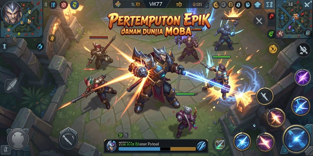 Tampilan seru gameplay MOBA dalam VM777, penuh aksi dan strategi.